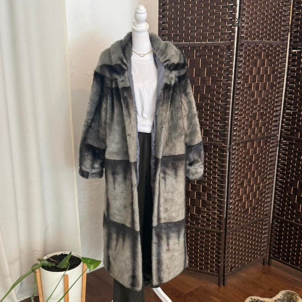 KENZUO Gray and Black Faux Fur Coat Women's Oversized Streetwear Size XXL